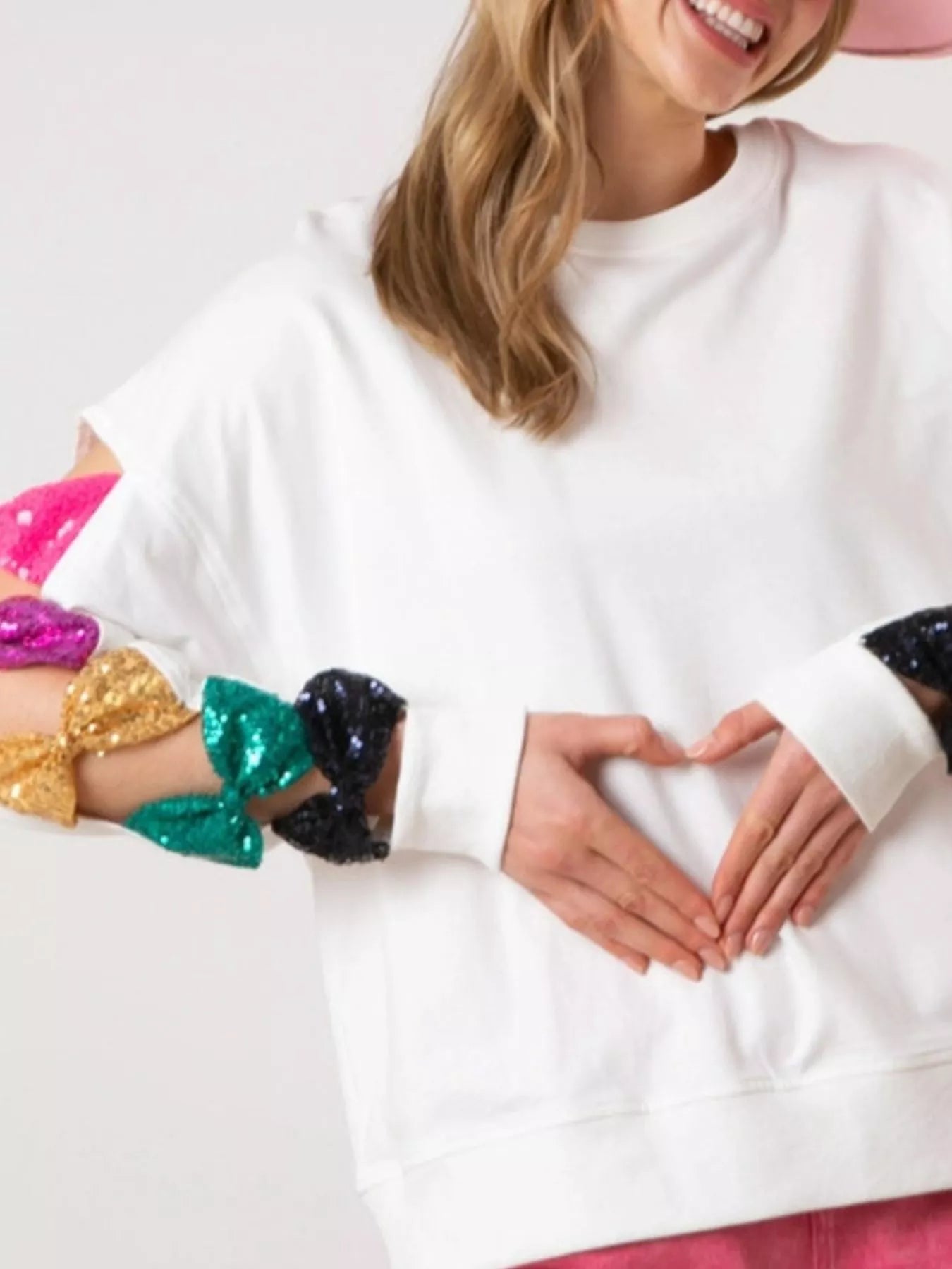 Sequin Bow Cutout Round Neck Sweatshirt White OutfitFlow