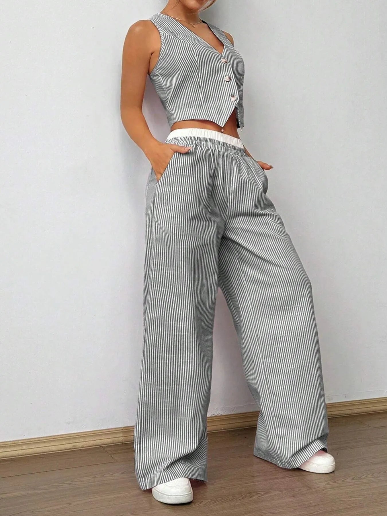 Striped Vest Top and Wide Leg Pants Two-Piece Set OutfitFlow