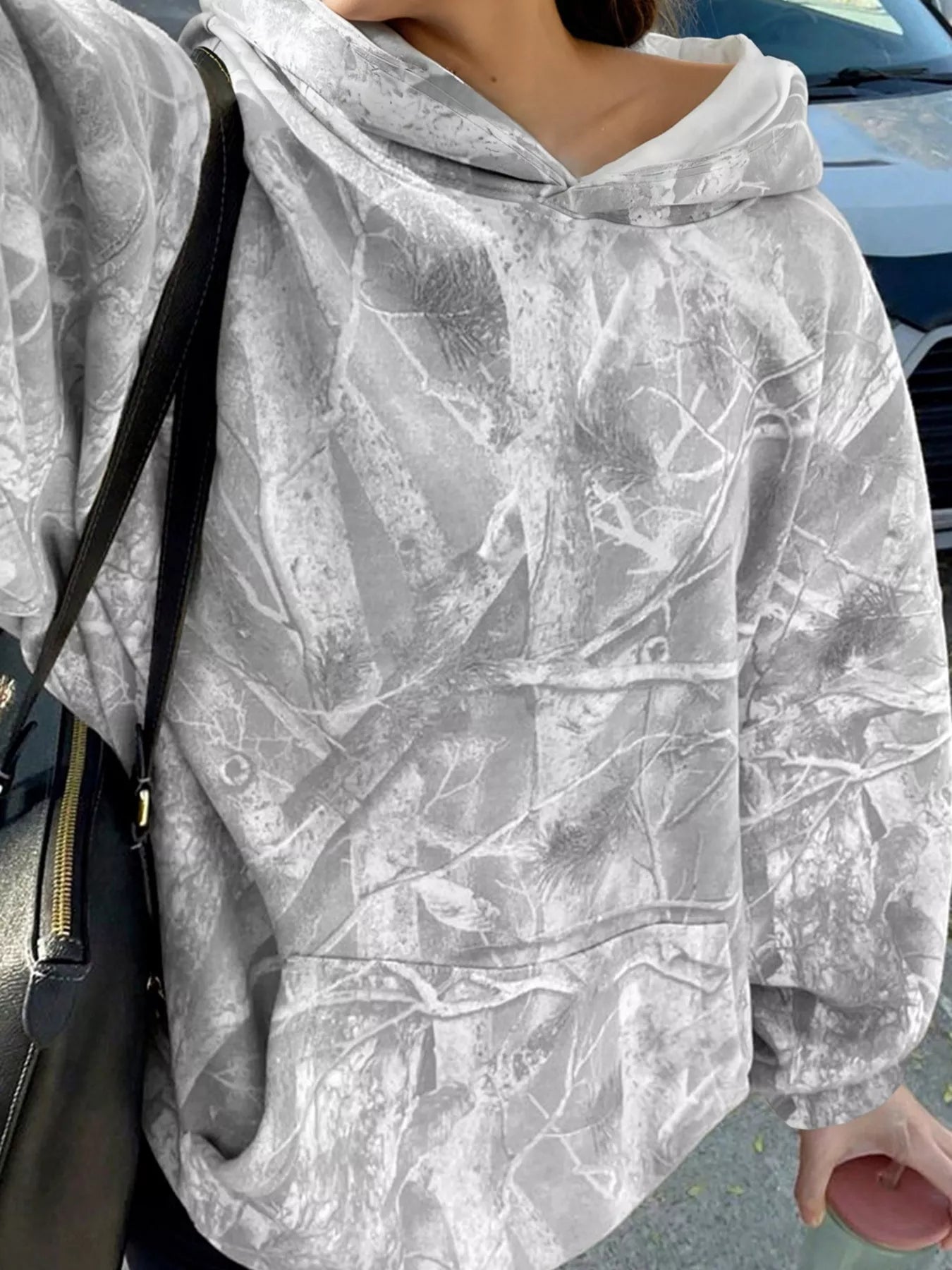 Camouflage Woodland Print Oversized Sporty Hoodie Light Gray OutfitFlow