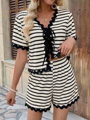 Tied Front Striped Top and Shorts Set Beige OutfitFlow