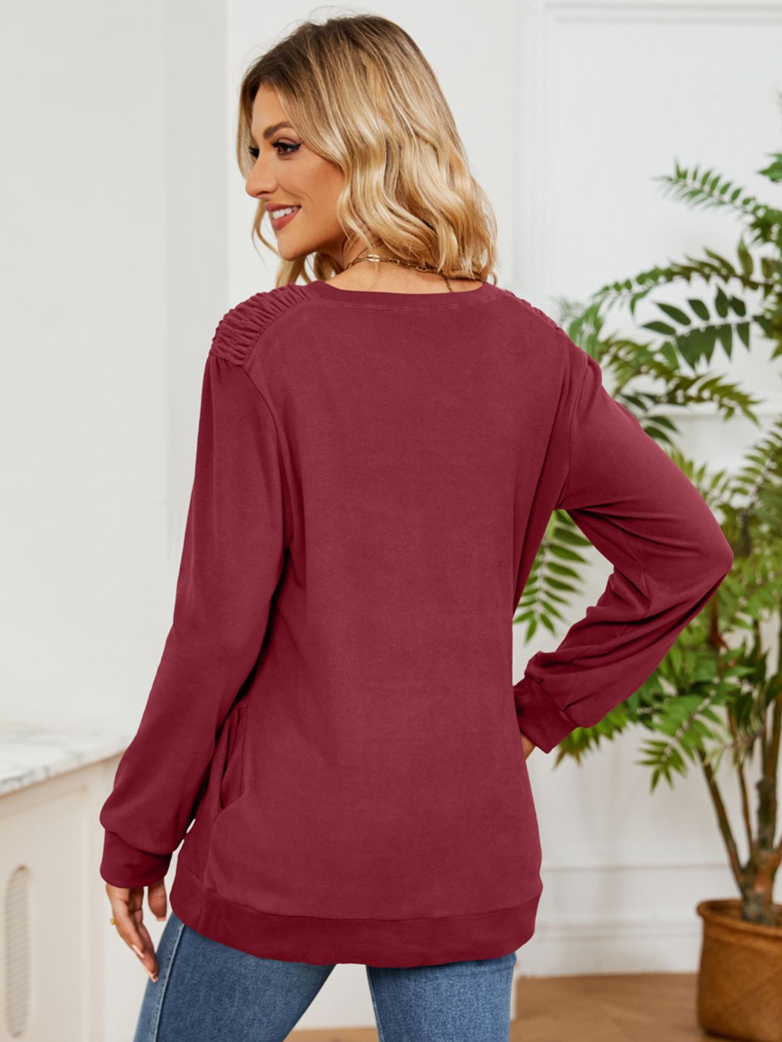 Outfit Flow - Ruched Shoulder Round Neck Long Sleeve Sweatshirt