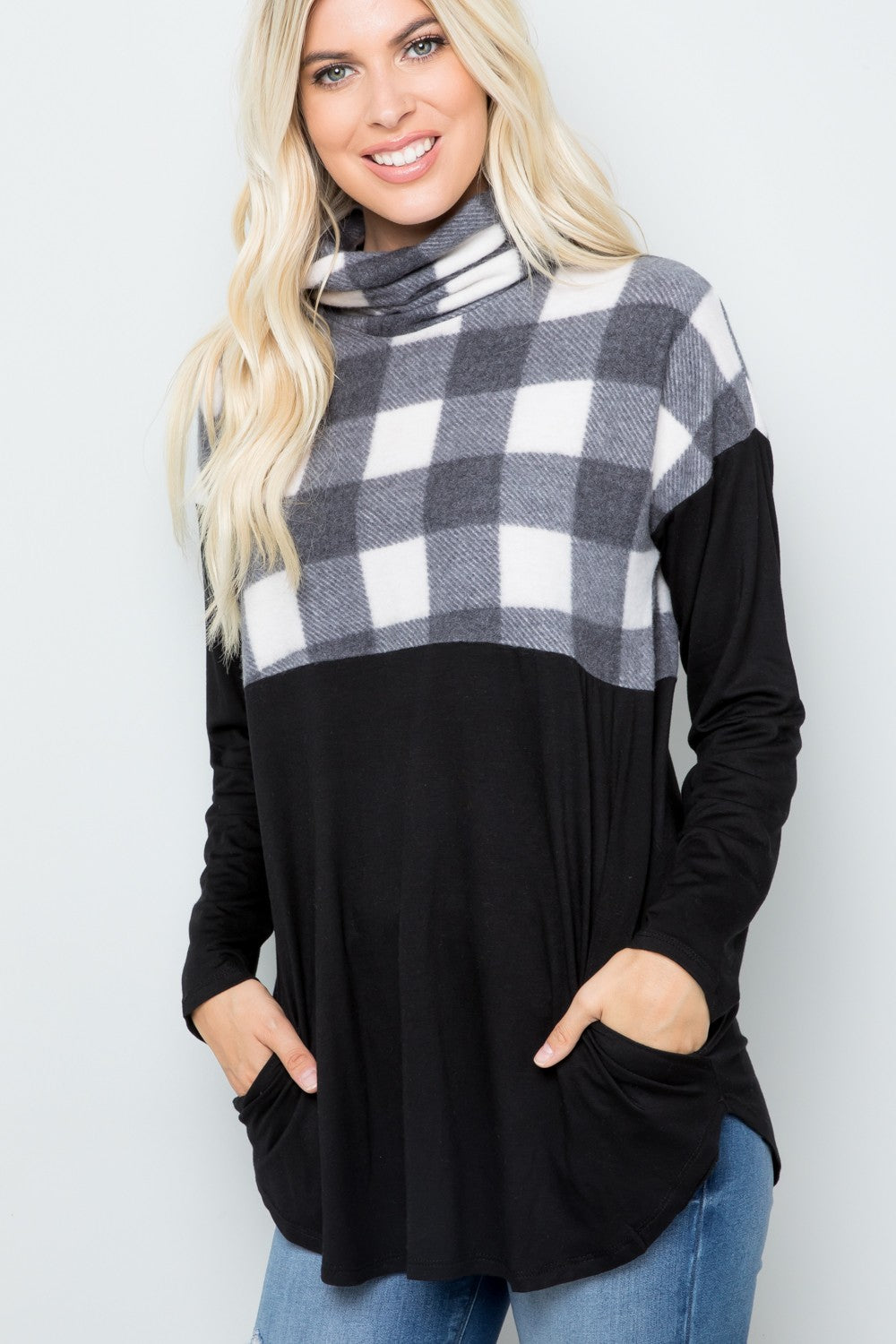 Outfit Flow - Celeste Full Size Pocketed Plaid Turtleneck Long Sleeve Blouse