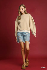 Umgee Round Neck Sweatshirt with Pleated Detail OutfitFlow