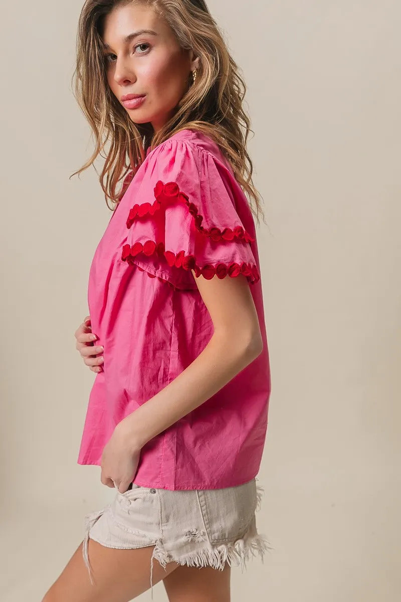 BiBi Dot Trim Flutter Sleeve Notched Top OutfitFlow
