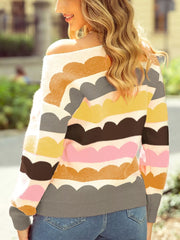 Wave Striped Balloon Sleeve Drop Shoulder Sweater OutfitFlow
