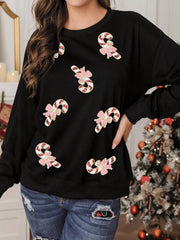 Christmas Candy Cane Sequin Patch Baggy Sweatshirt OutfitFlow