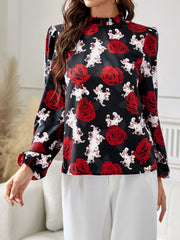 Outfit Flow - Frill Floral Mock Neck Long Sleeve Top