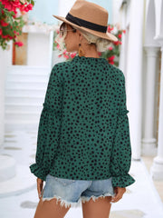 Animal Print Tie Neck Flounce Sleeve Blouse Trendsi