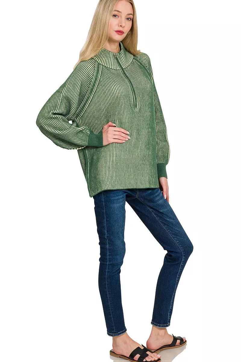 Zenana Ribbed Two Tone Half Zip Sweater OutfitFlow