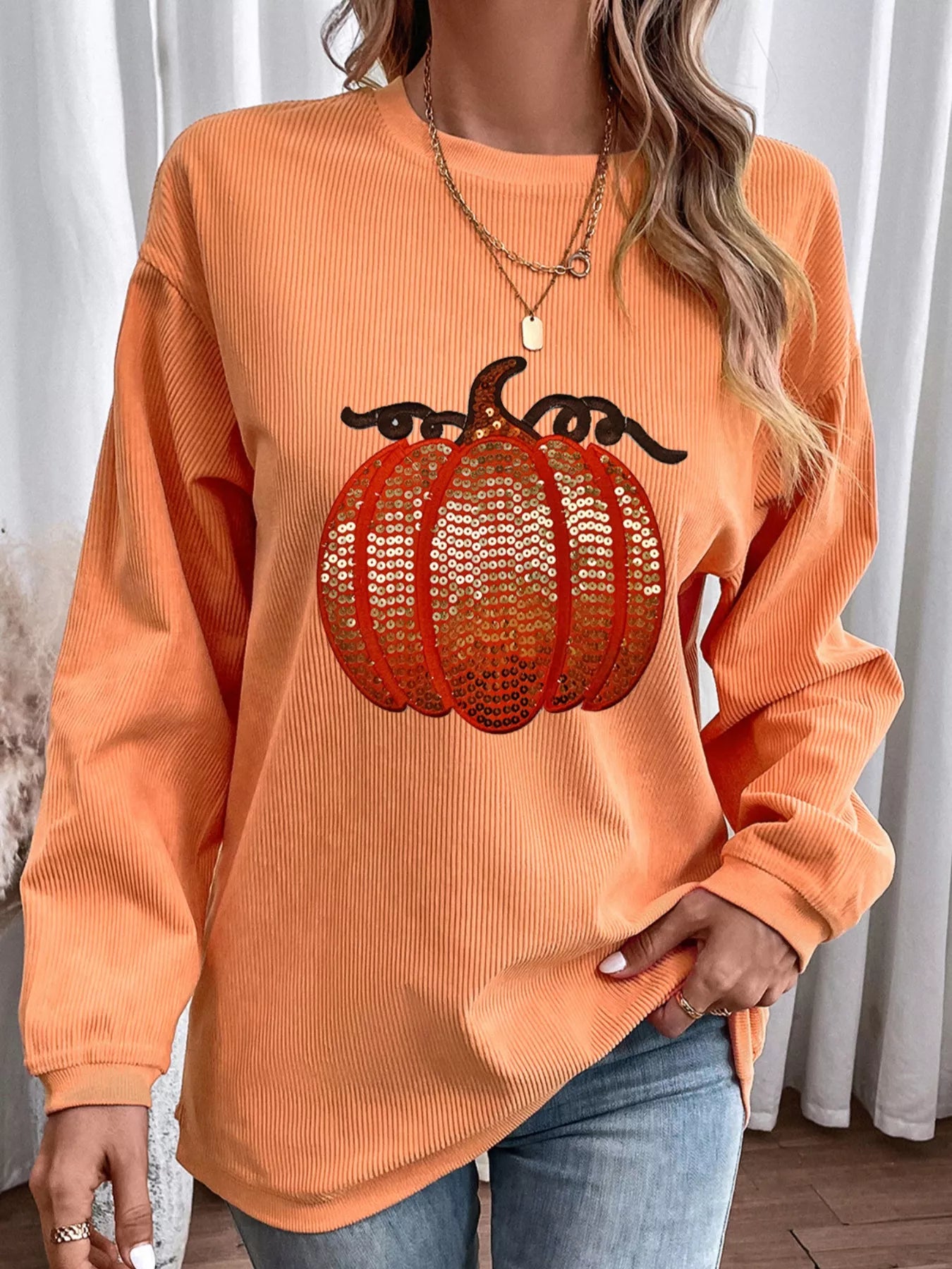 Halloween Sequined Pumpkin Ribbed Round Neck Sweatshirt OutfitFlow