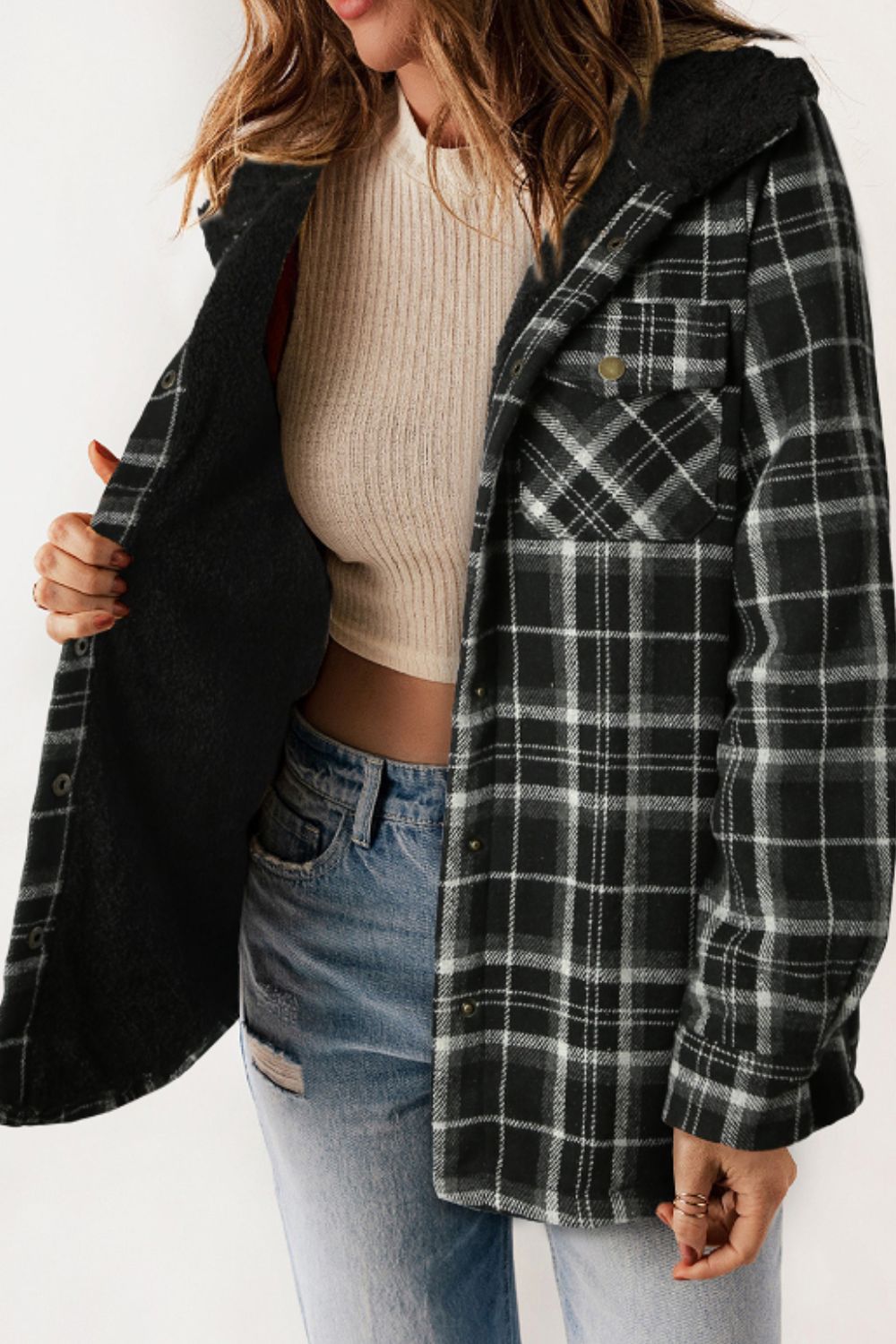 Outfit Flow - Plaid Button Up Long Sleeve Hooded Jacket