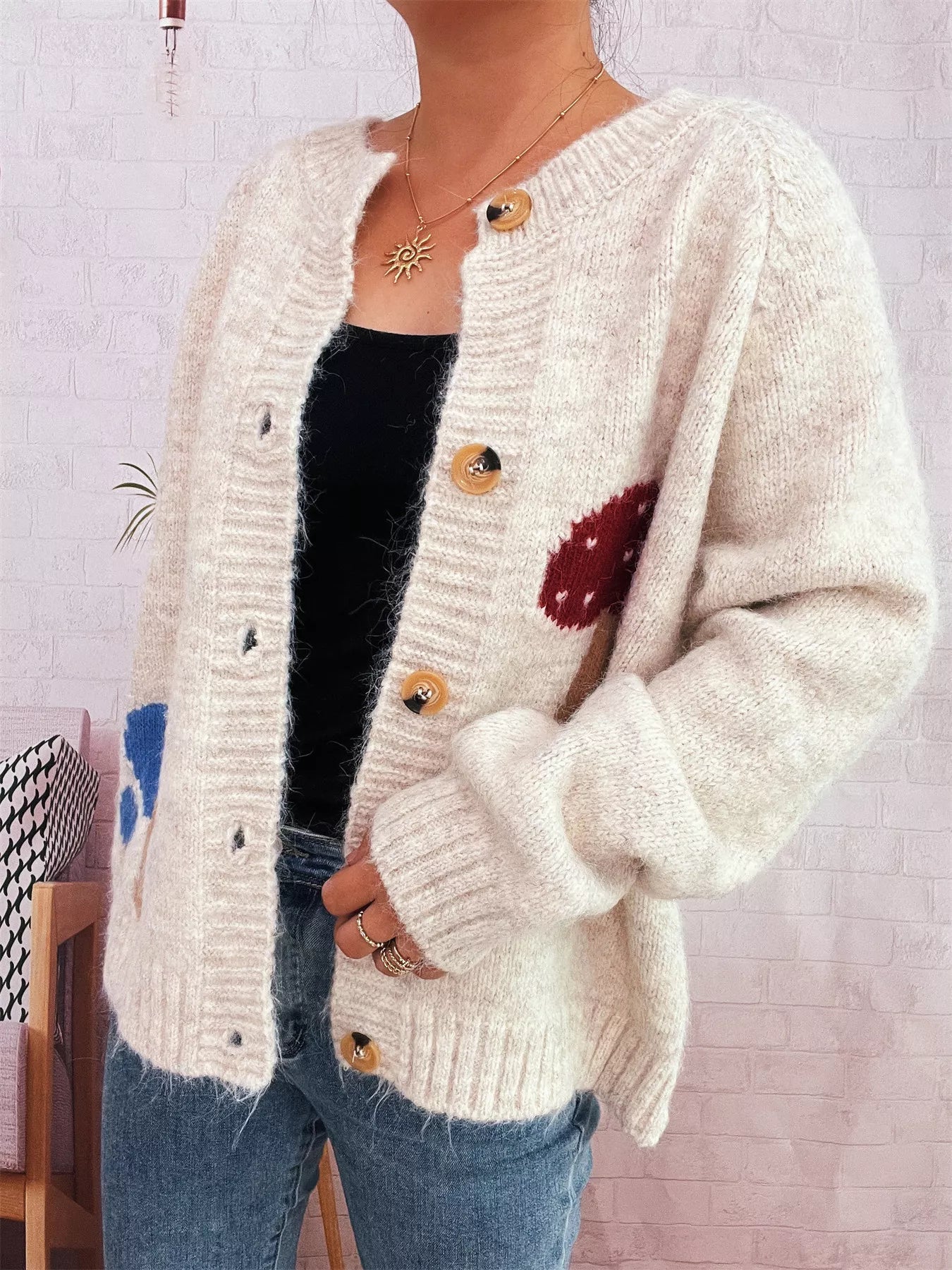 Mushroom Pattern Button-Up Cozy Knit Cardigan OutfitFlow