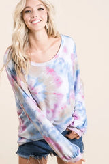 BiBi Tie Dye Print Terry Top With Puff Sleeves OutfitFlow