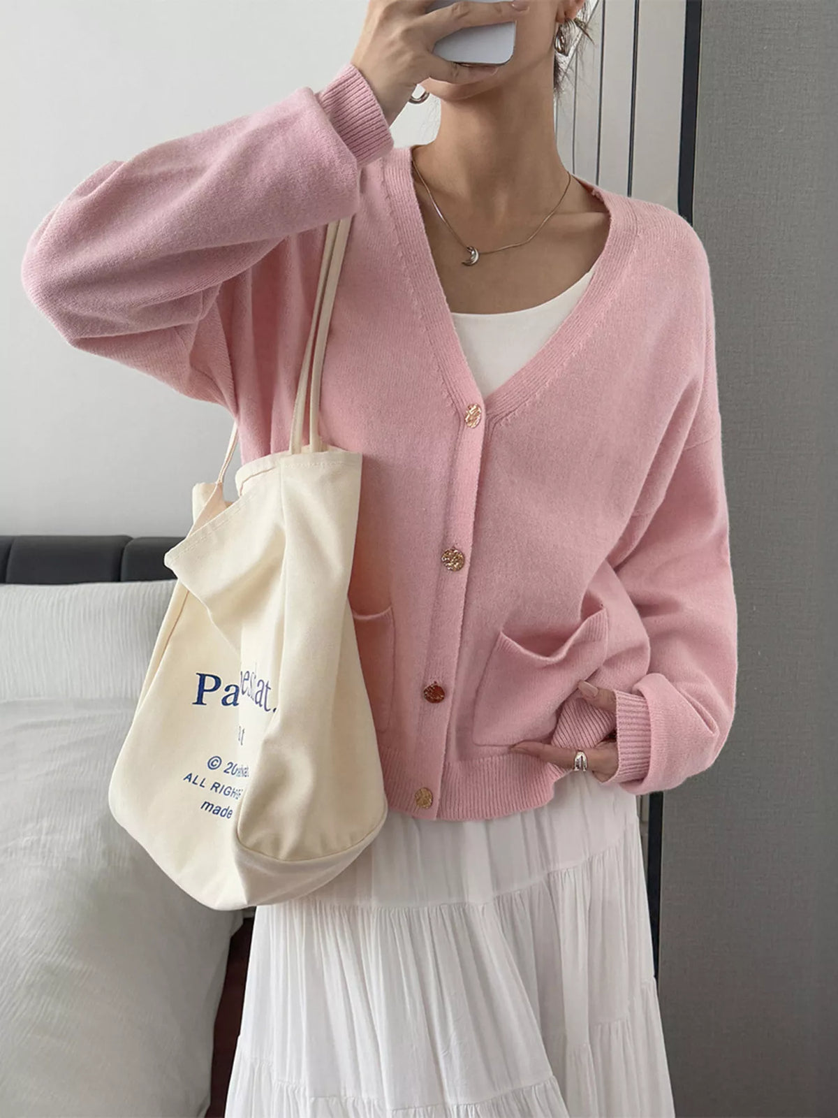 V-Neck Button-Down Cardigan Pink OutfitFlow