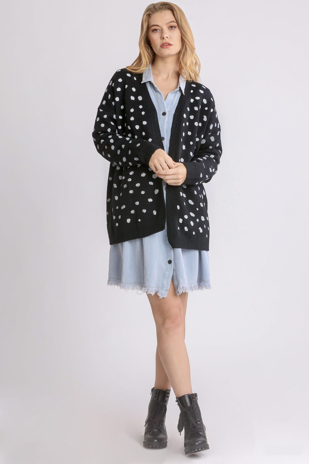 Outfit Flow - Umgee Polka Dot Open Front Drop Shoulder Cardigan