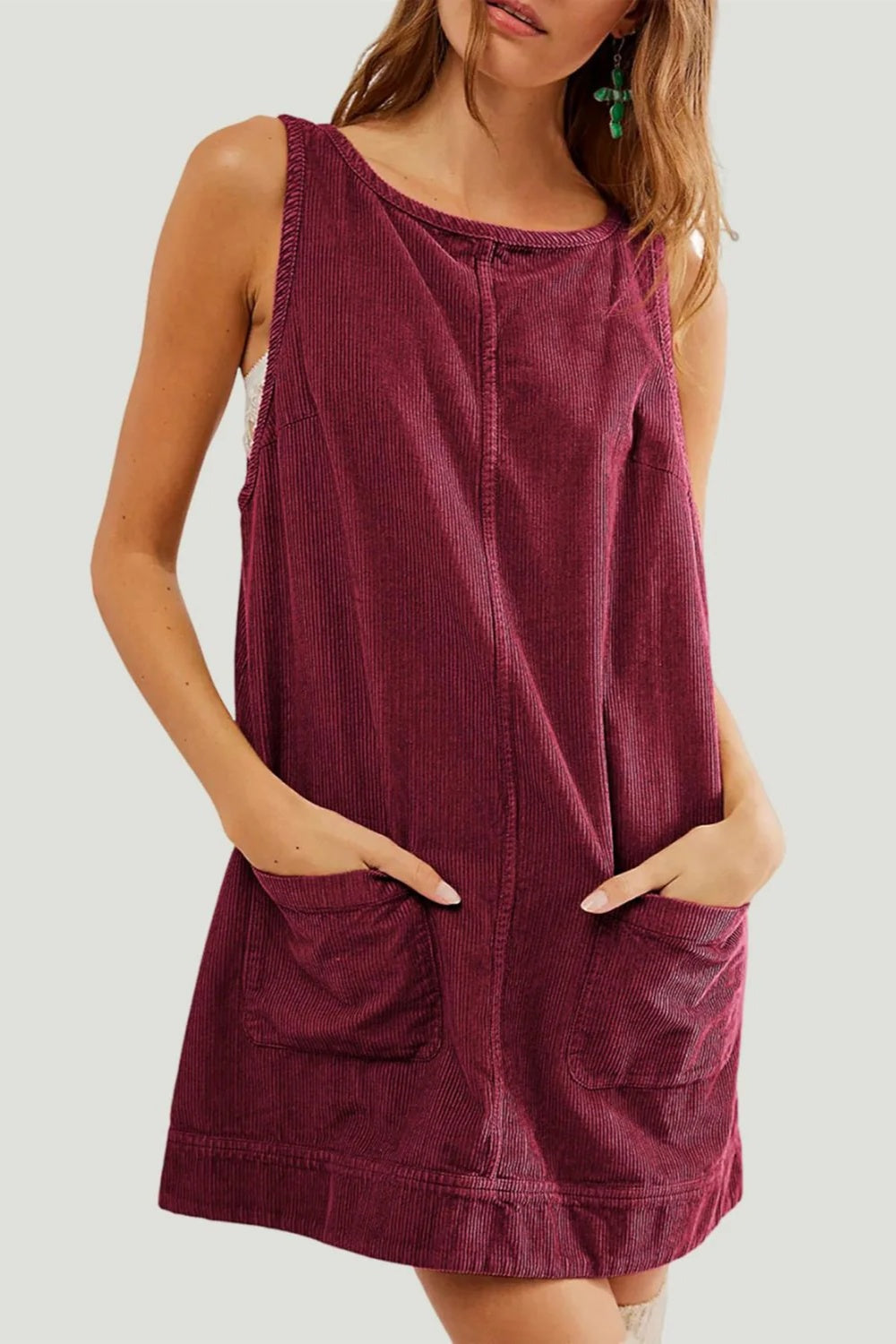 Outfit Flow - Round Neck Wide Strap Corduroy Mini Dress