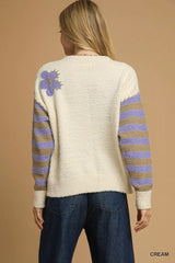 Umgee Flower Jacquard Striped Long Sleeve Sweater OutfitFlow