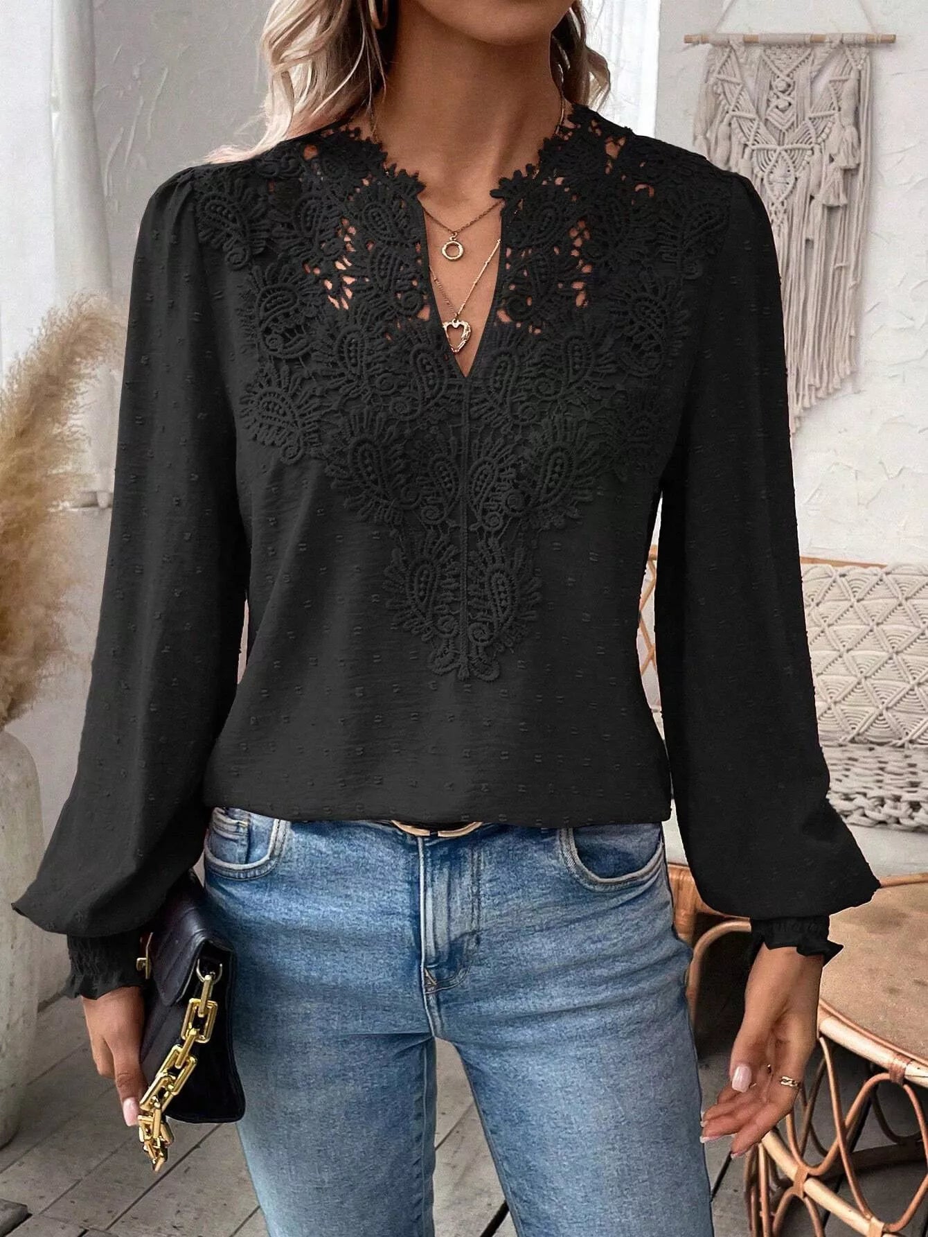 Swiss Dot Lace Detail Long Sleeve Blouse OutfitFlow