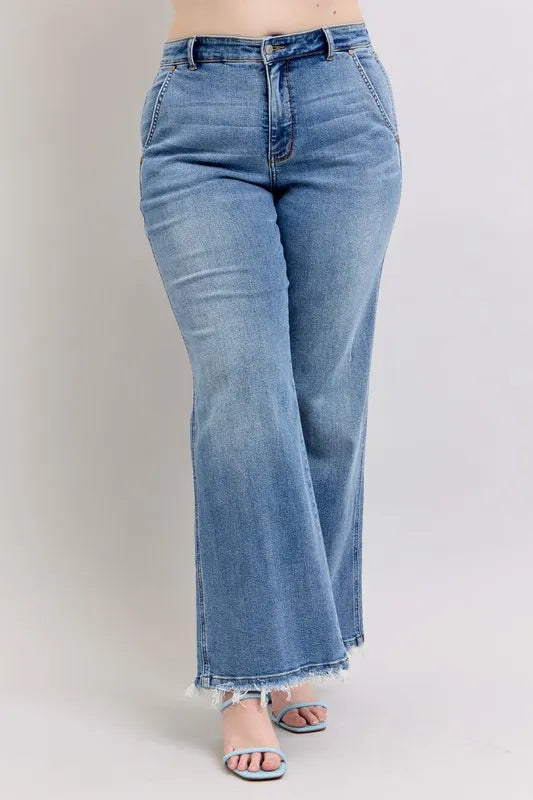 Judy Blue Full Size Raw Hem Wide Leg Jeans Plus Size OutfitFlow