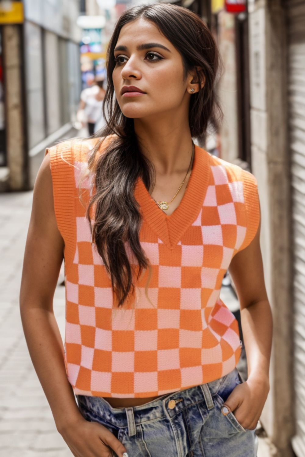 Checkered V-Neck Sweater Vest