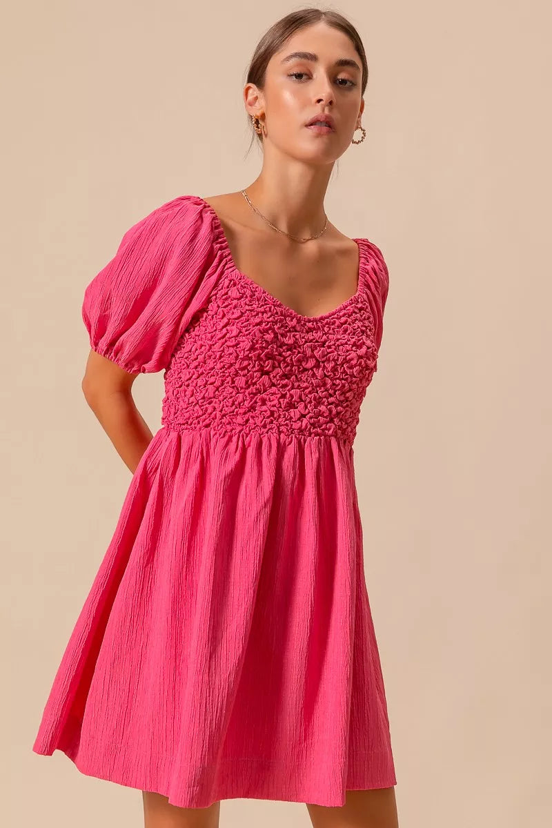 SO ME Textured Woven Daily Dress with Puff Sleeves OutfitFlow