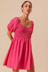 SO ME Textured Woven Daily Dress with Puff Sleeves OutfitFlow