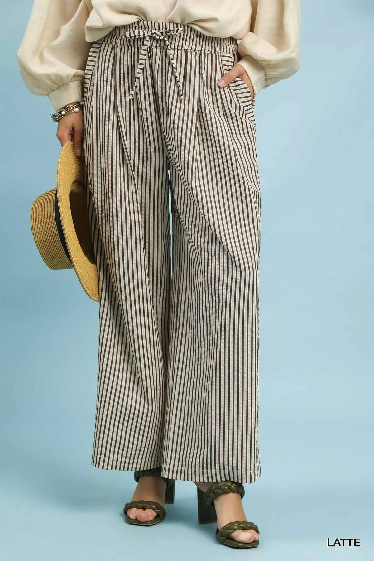 Umgee Drawstring Striped Wide-Leg Pants LATTE Trendsi