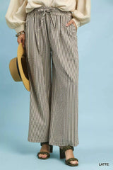 Umgee Drawstring Striped Wide-Leg Pants LATTE Trendsi