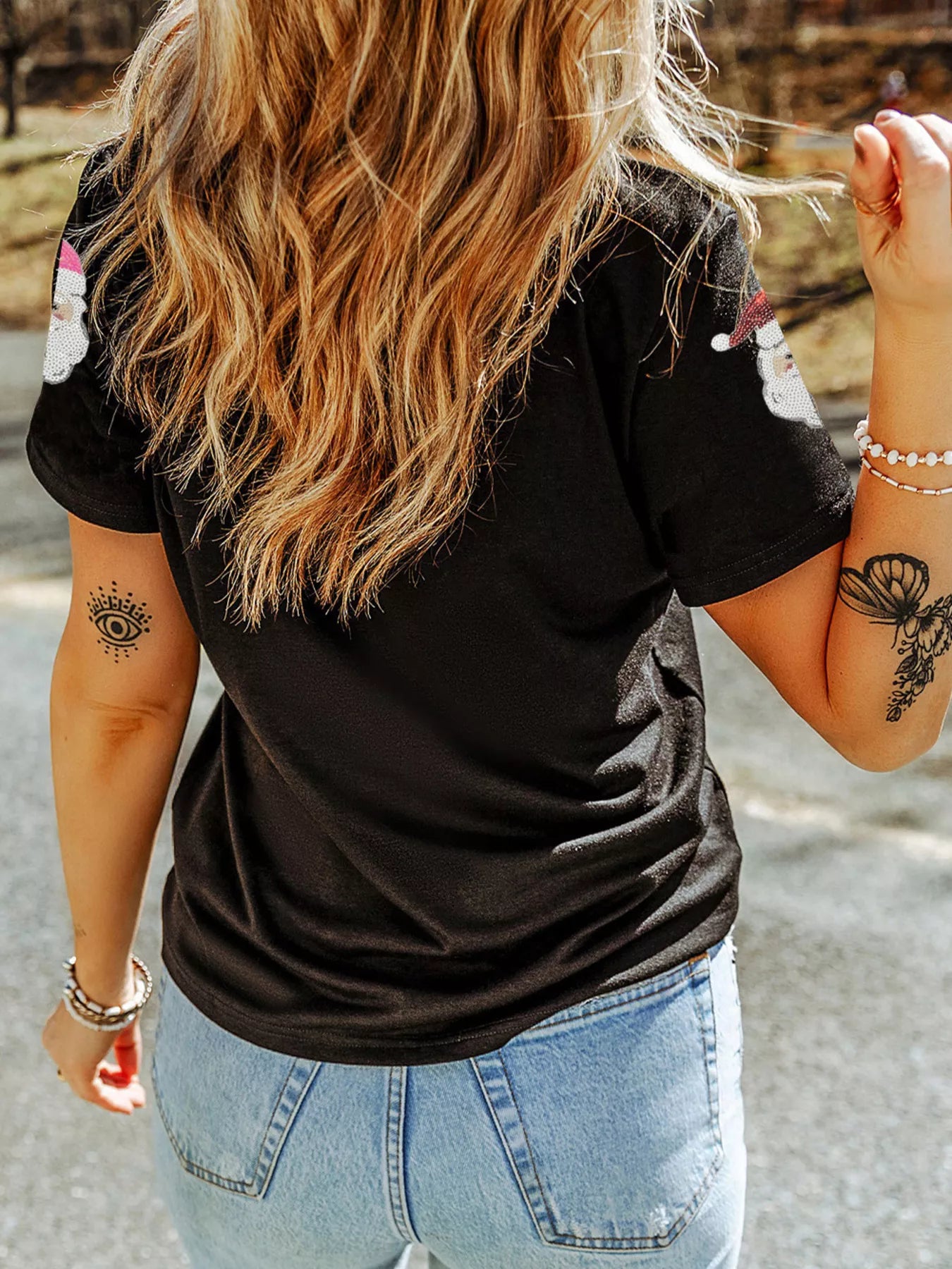 Christmas Santa Sequin Short Sleeve T Shirt OutfitFlow