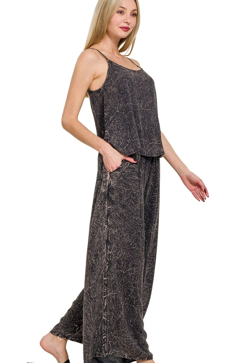 Zenana Woven Acid Crinkle Washed Cami & Pants 2 Piece Set OutfitFlow