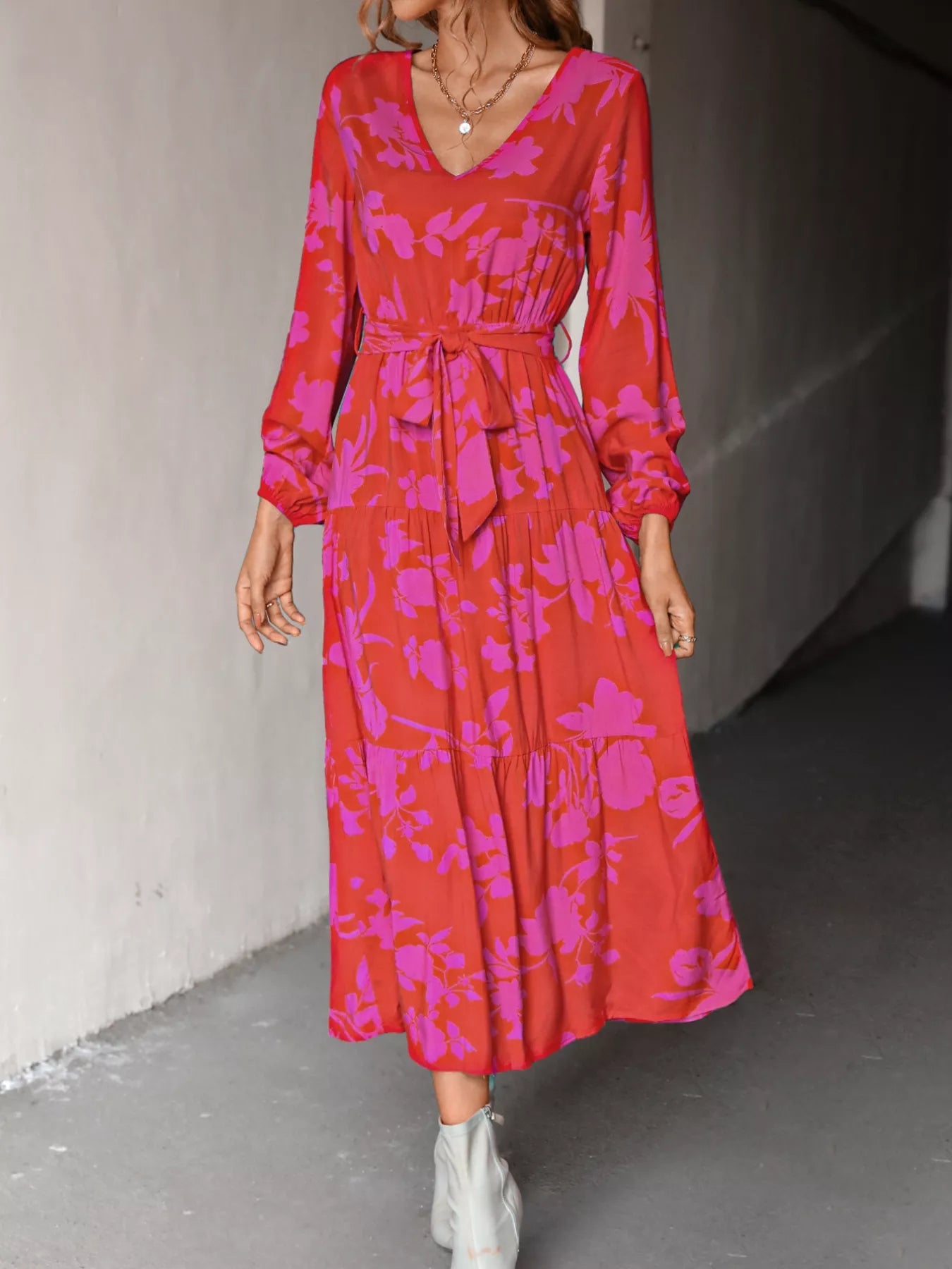 Printed V-Neck Balloon Sleeve Dress OutfitFlow