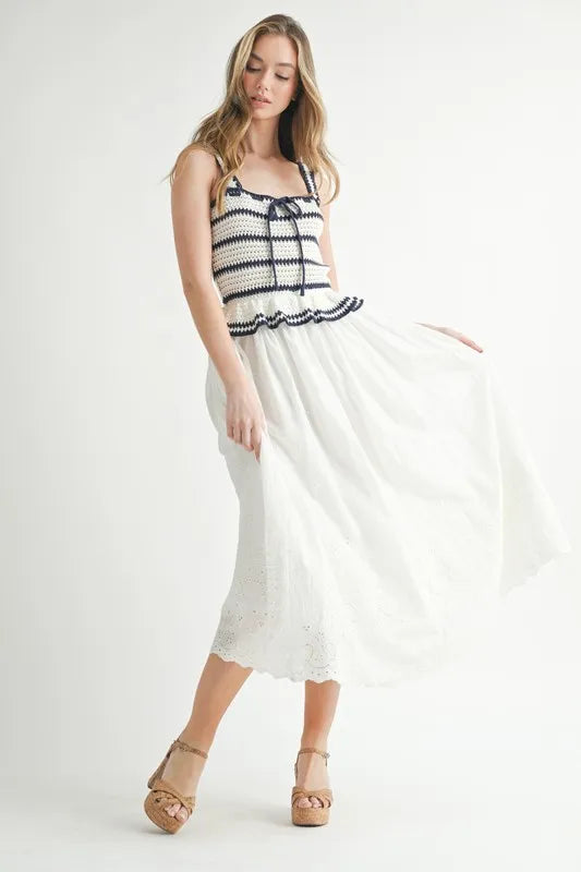 MABLE Crochet Stripe Knit Eyelet Mix Midi Dress OutfitFlow
