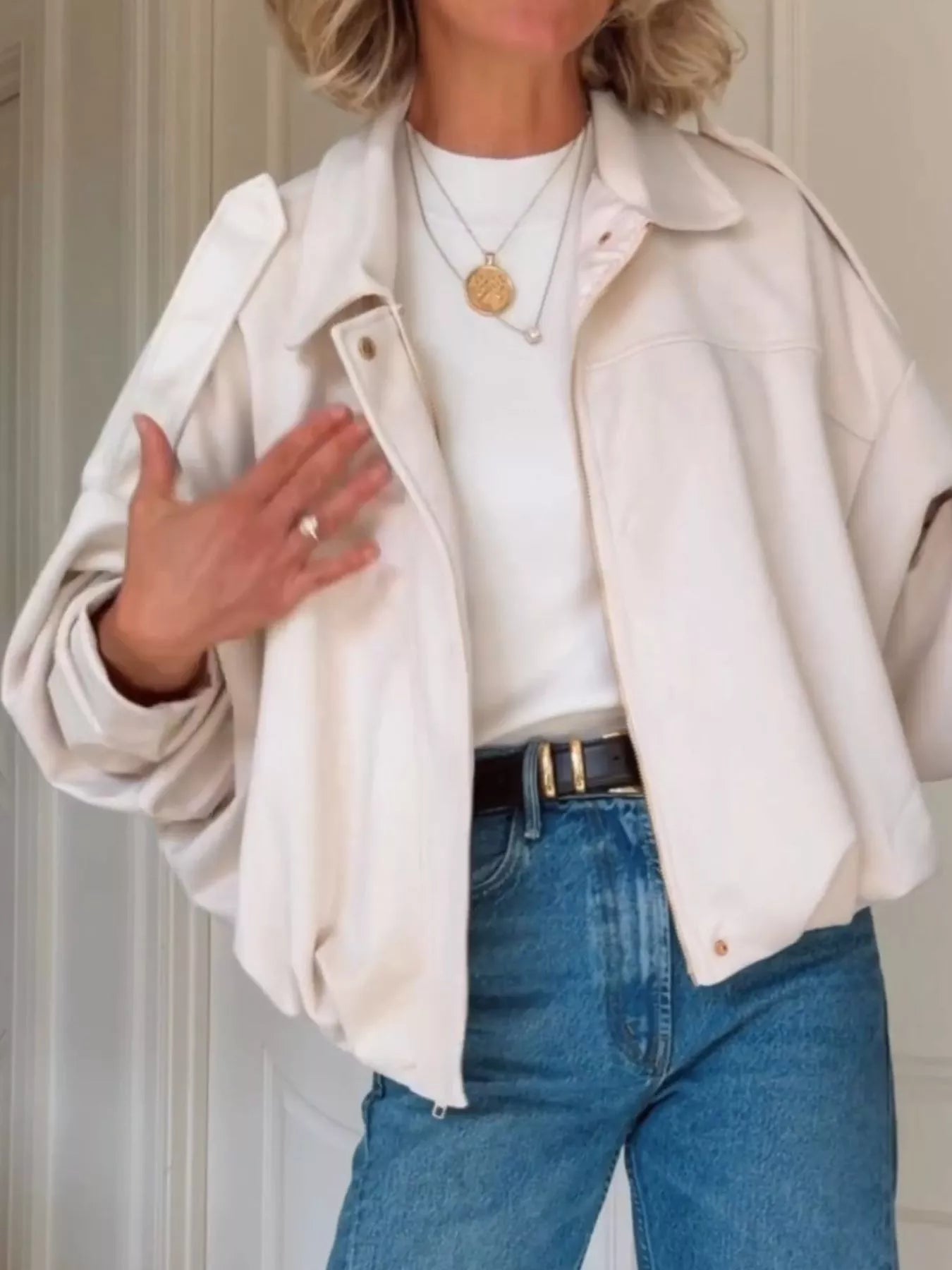 Zip Up Dropped Shoulder Suede Jacket Gray white OutfitFlow