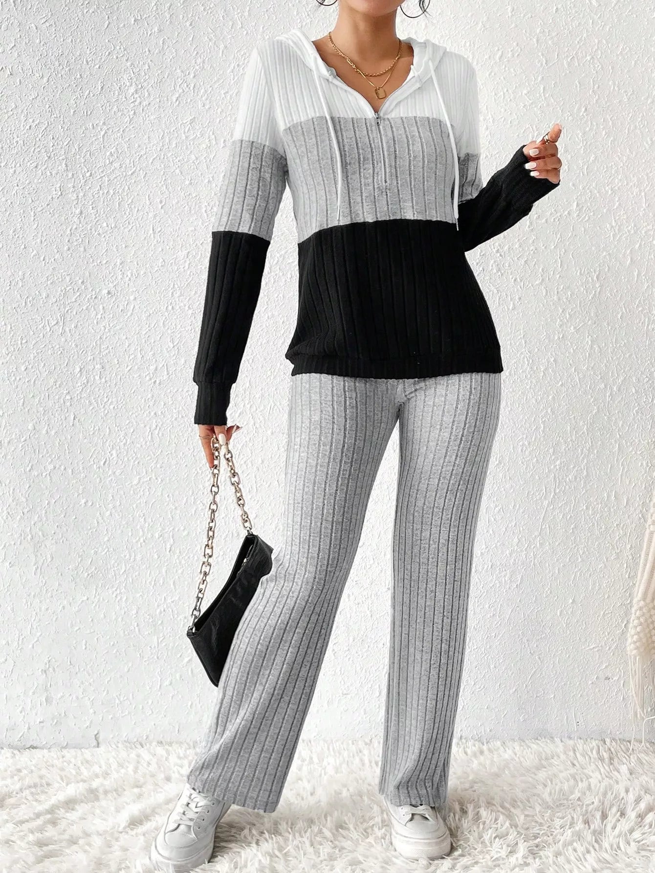 Color Block Half Zip Hooded Top and Pants Set OutfitFlow