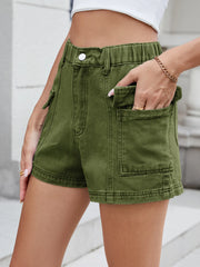High Waist Cargo Denim Shorts Army Green OutfitFlow