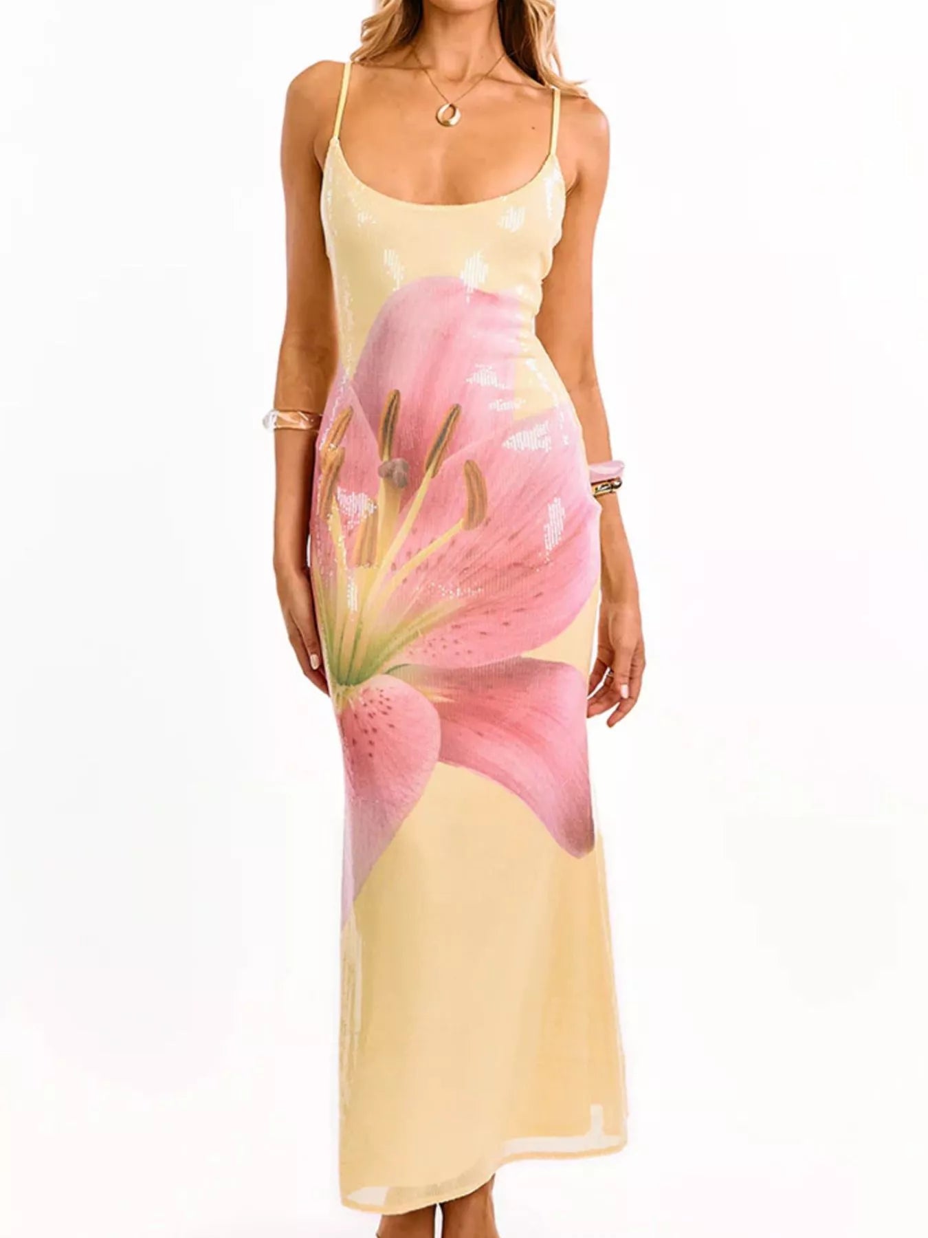 Flower Scoop Neck Maxi Cami Dress OutfitFlow
