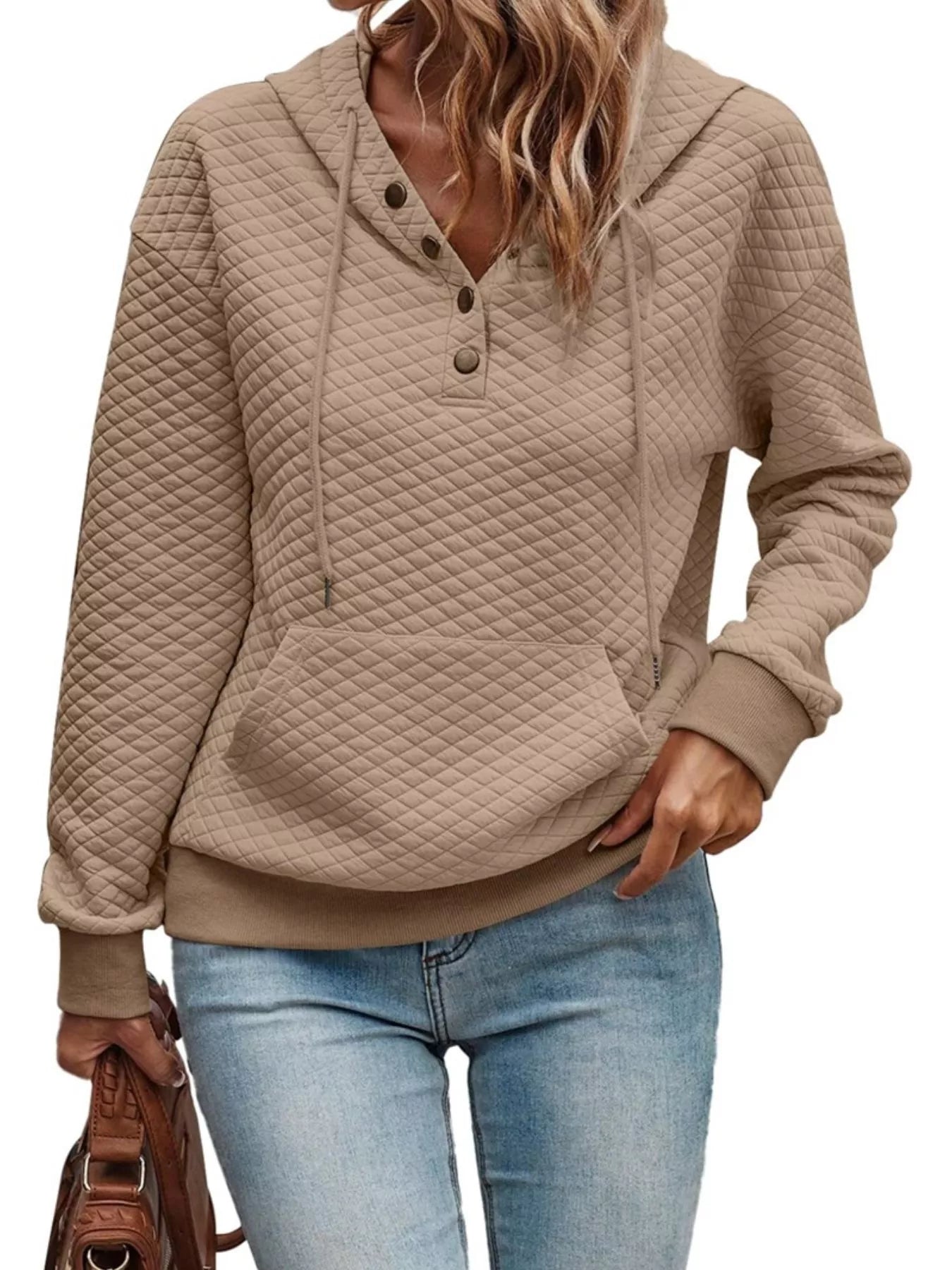 Drawstring Textured Dropped Shoulder Hoodie Khaki OutfitFlow