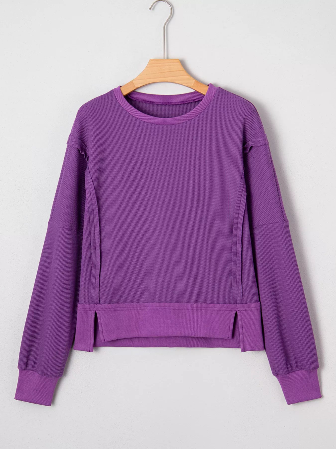 Solid Color Raw Seam Patchwork Ribbed Drop Shoulder Sweatshirt OutfitFlow