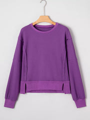 Solid Color Raw Seam Patchwork Ribbed Drop Shoulder Sweatshirt OutfitFlow