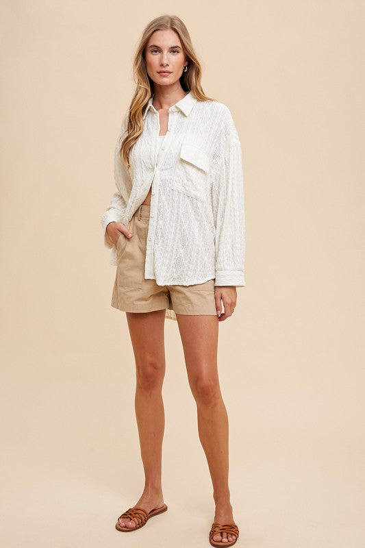 Annie Wear Openwork Button Down Drop Shoulder Shirt