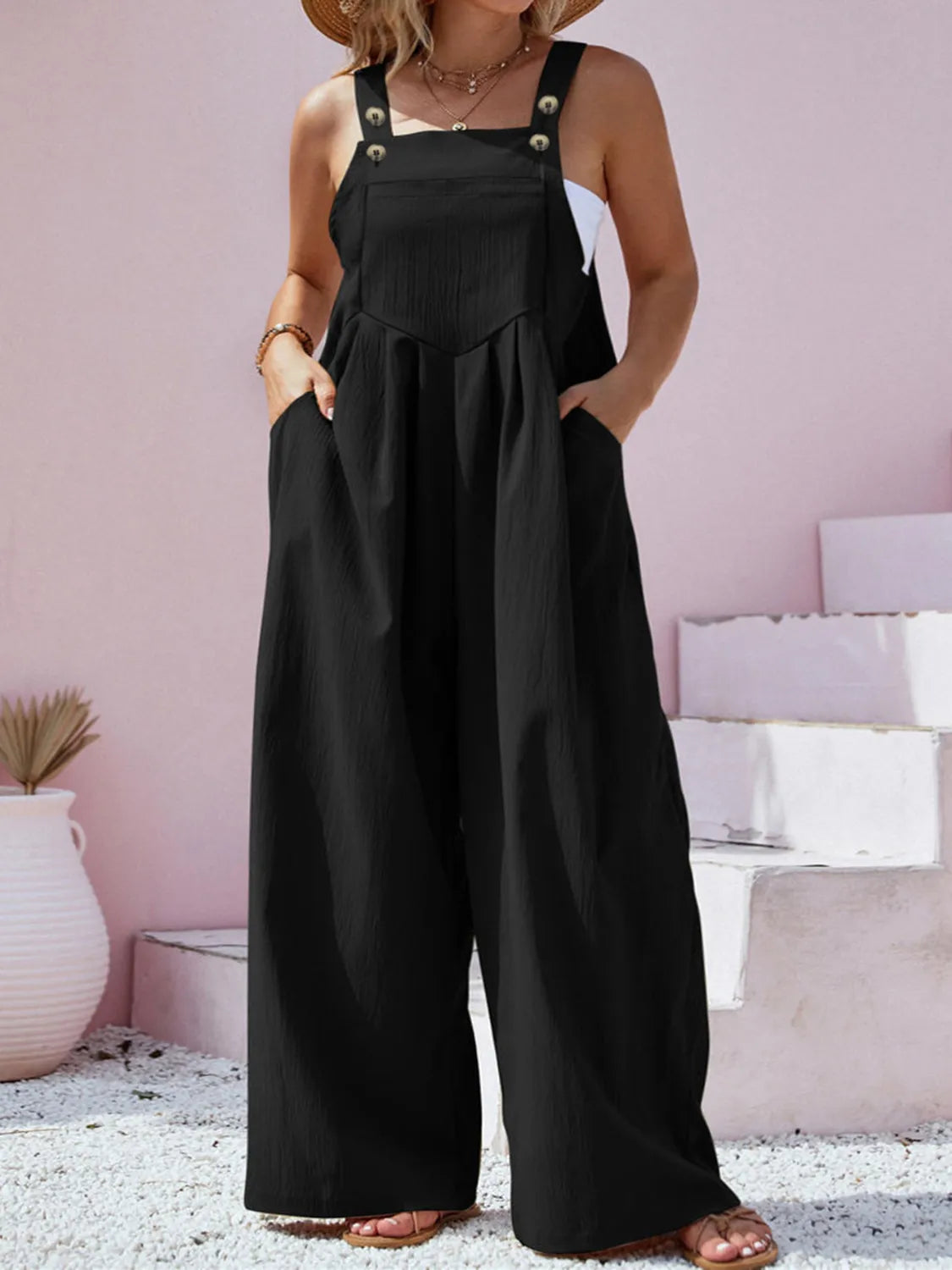 Plus Size Square Neck Wide Leg Overalls Black OutfitFlow