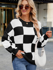 Outfit Flow - Checkered Round Neck Long Sleeve Sweater