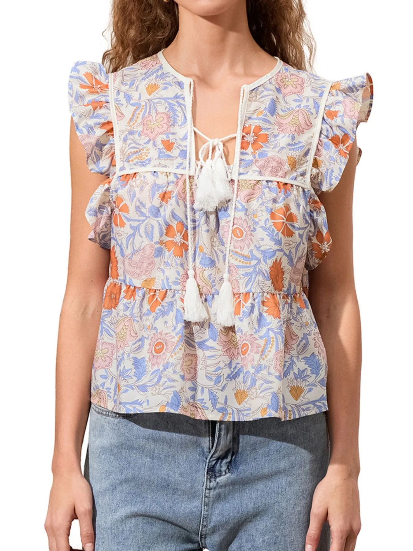 Tassel Ruffled Striped Blouse Blue-orange OutfitFlow