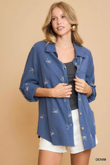 Umgee Linen Blend Fitted Shirt with Ribbon Embroidery Details Trendsi