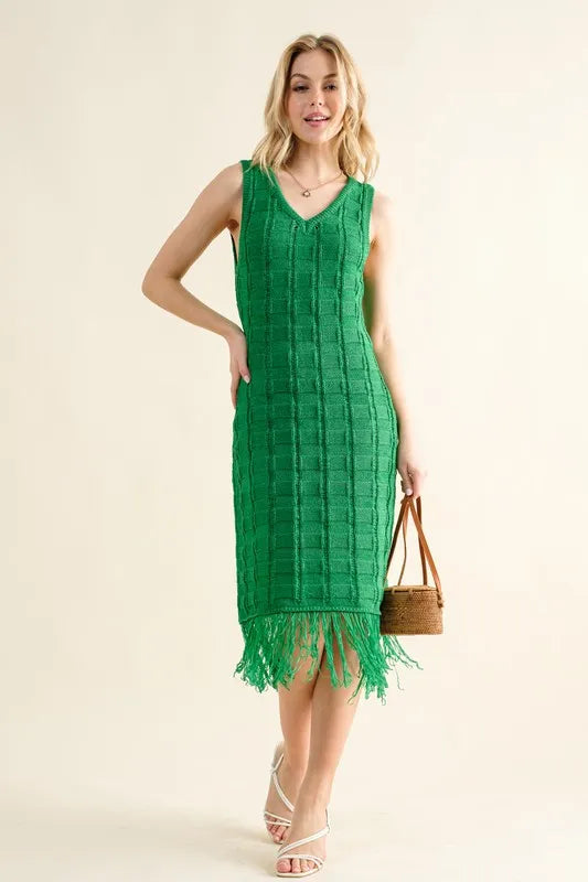 And The Why Checkerboard Drop-Needle Fringe Sleeveless Dress OutfitFlow