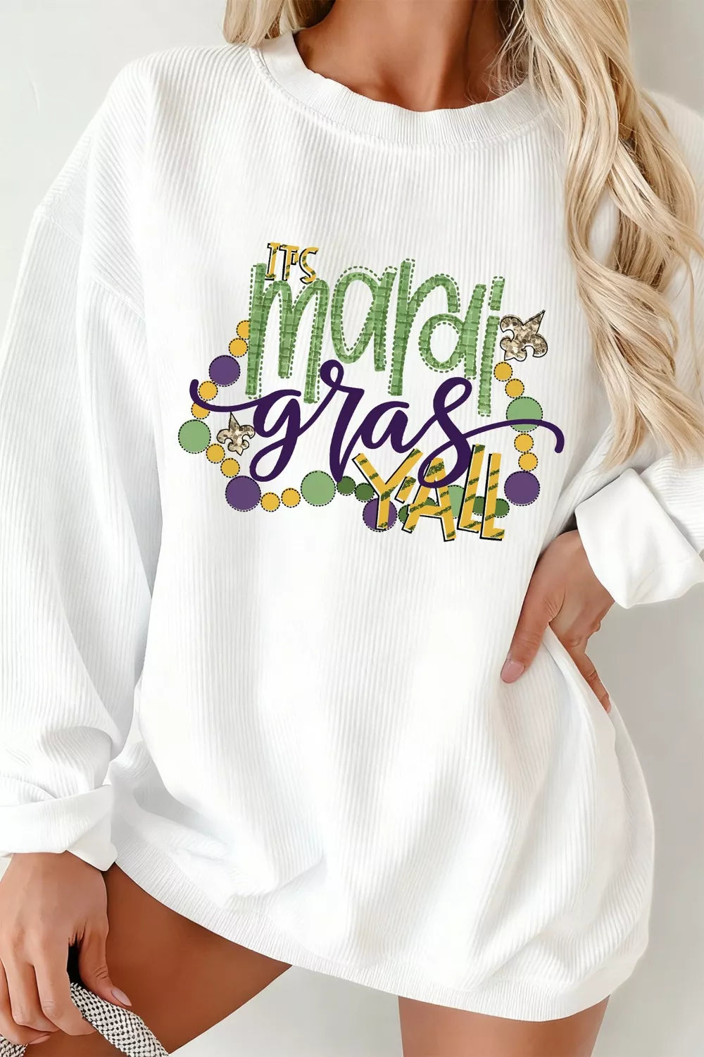 TIS Mardi Gras YALL Corded Ribbed Pullover Sweatshirt OutfitFlow