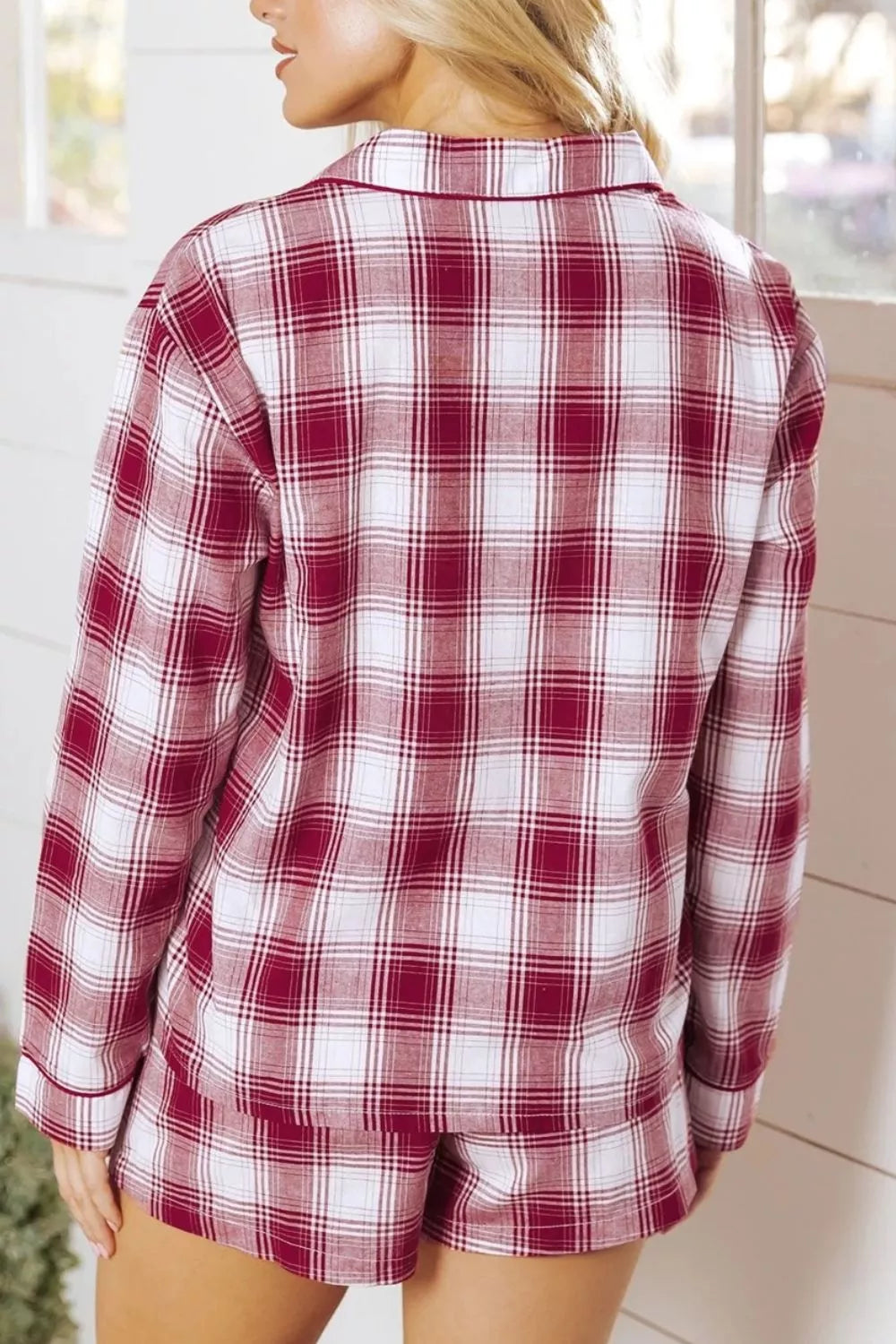 Plaid Long Sleeve Shirt and Drawstring Shorts Lounge Set OutfitFlow