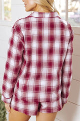 Plaid Long Sleeve Shirt and Drawstring Shorts Lounge Set OutfitFlow