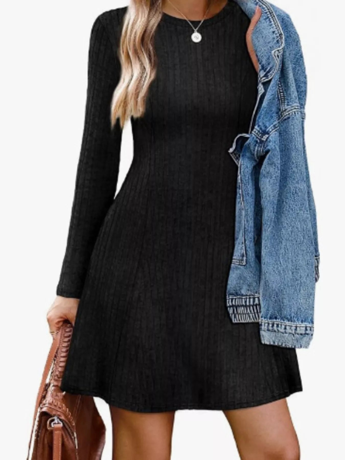 Ribbed Knit Long Sleeve A-Line Dress Trendsi