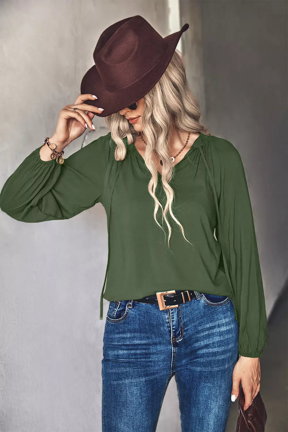 Tie Neck Long Sleeve Blouse OutfitFlow